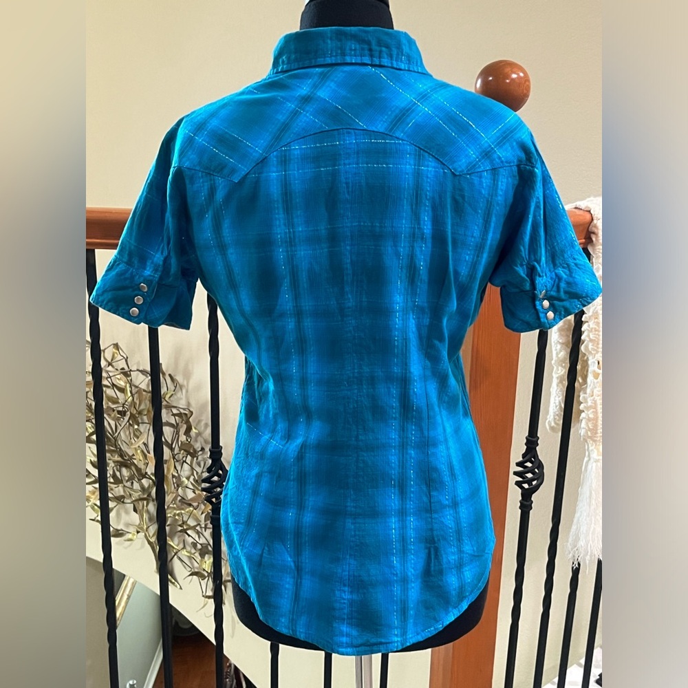 PANHANDLE SLIM Turquoise SHORT SLEEVE Plaid Snap-Front Western Shirt GIRL SIZE M - Picture 7 of 11